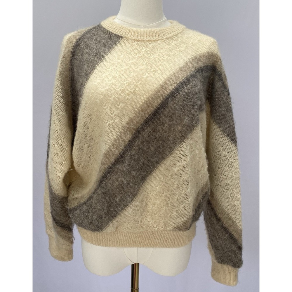 Vaka Knitting Mill Sweater Womens S Cream Gray Striped Wool Icelandic Nordic